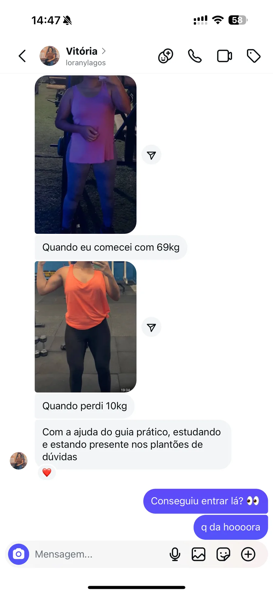 Mensagens de alunos contando o resultado que tiveram